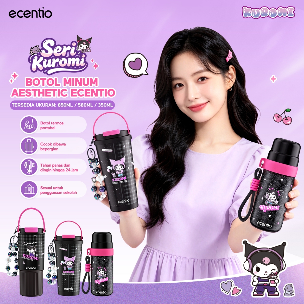[buy1get2] Ecentio x Kuromi Sanrio Official Tumbler Botol Minum Sekolah 350ml 580ml 850ml Stainless 