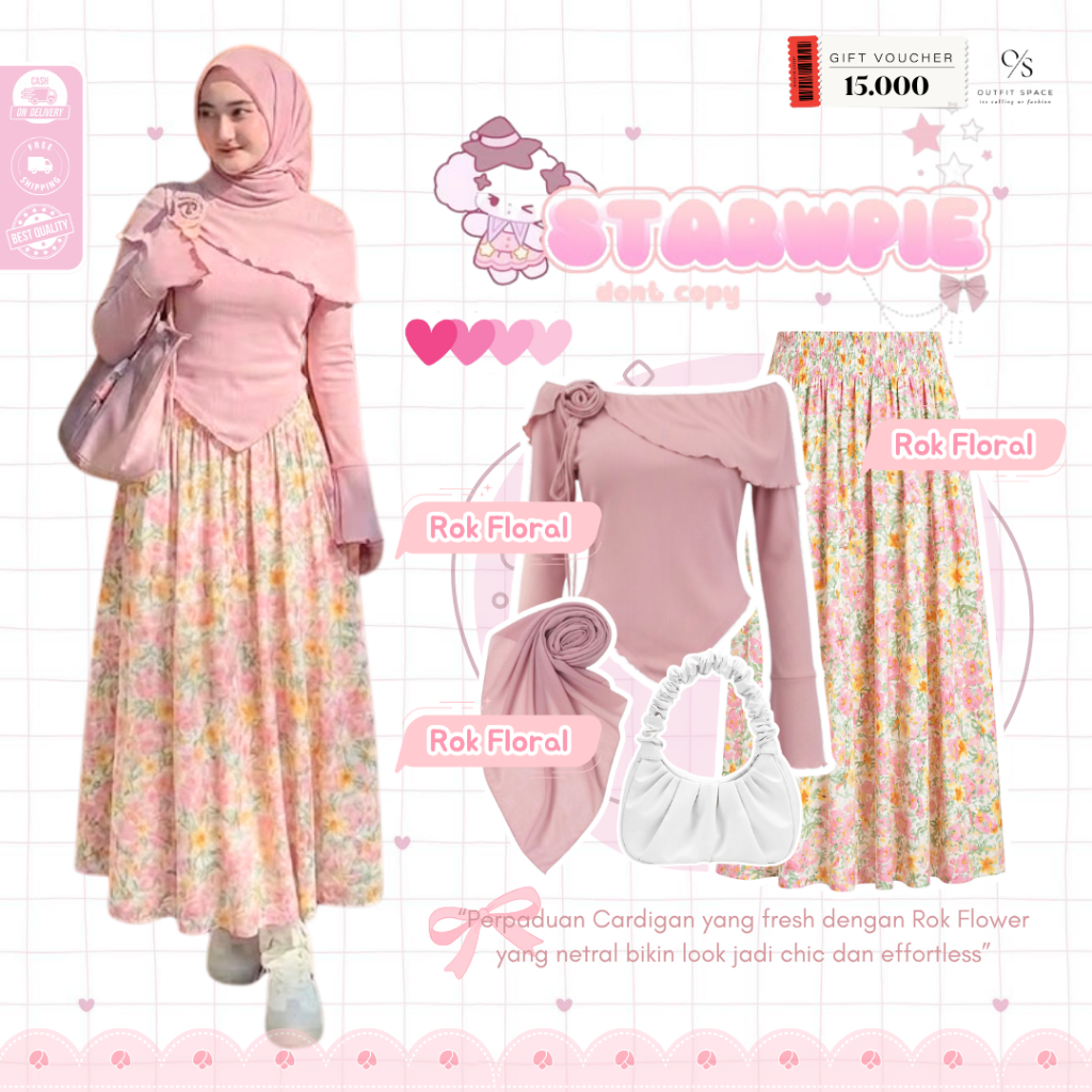 Setelan Princess Pink 3in1 Wanita Remaja  ( Bella Square + Flower Top + Rok Flower ) One Set Pink Wa