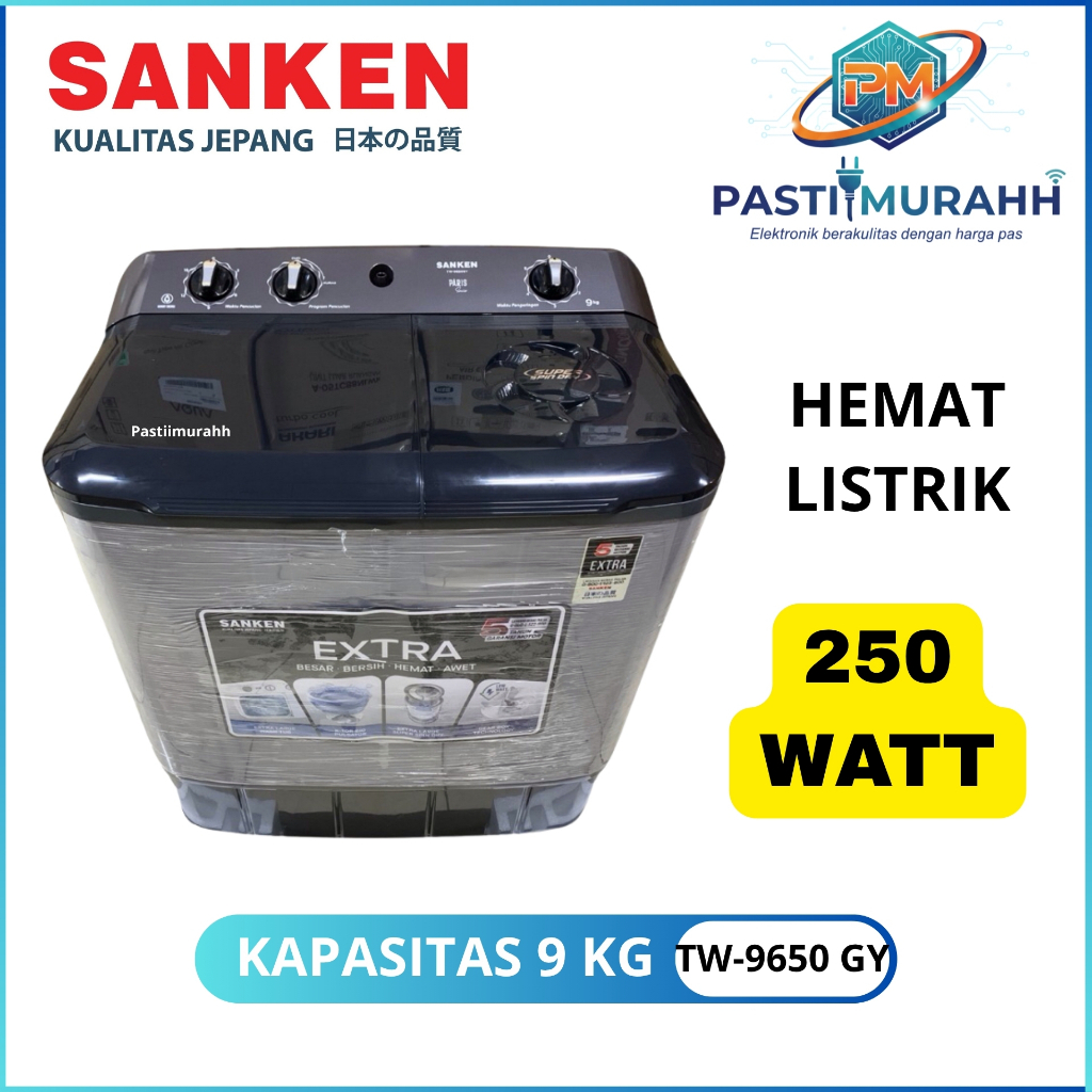 MESIN CUCI SANKEN TW-9650 GY | MESIN CUCI SANKEN 2 TABUNG 9KG HEMAT LISTRIK 250 watt garansi 5 tahun