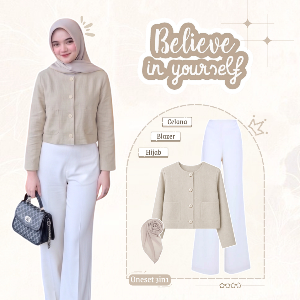 One Set Casual Wanita Kekinian OOTD HIjab (Gemma Blazer Wanita + Celana Cutbray + Hijab Segi Empat) 