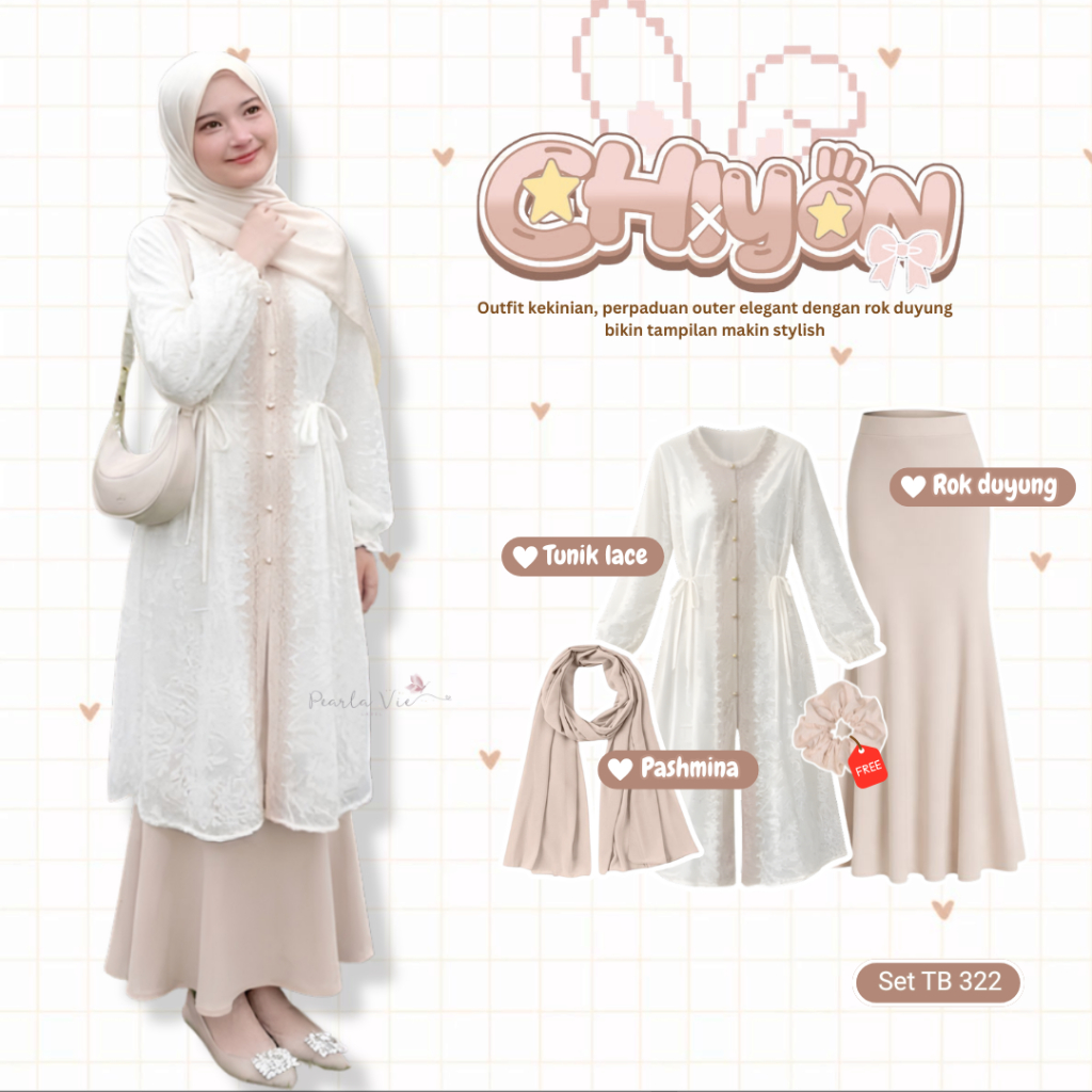 One Set Kebaya Kondangan 3in1 (Outer Brukat Lace, Rok Duyung Ivory, Pashmina Beige) OOTD Wanita Eleg
