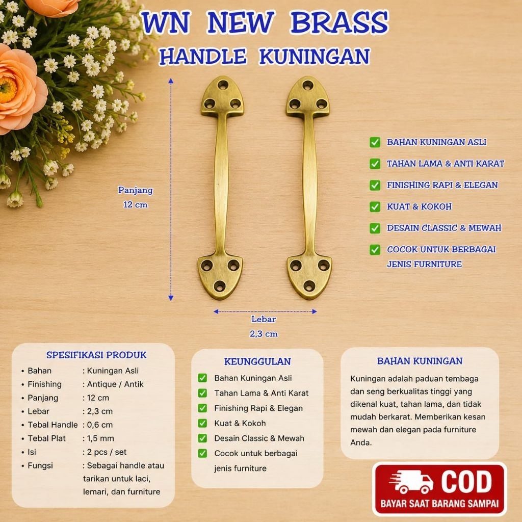 Handle / Tarikan Laci Lemari Pintu Rumah Kuningan Motif Polos 12 cm