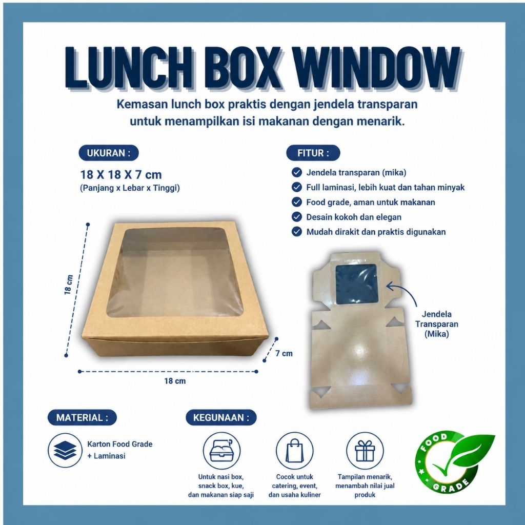 DUS LUNCH BOX WINDOW CRAFT POLOS - UK. 18X18X7CM - KOTAK NASI WINDOW PREMIUM - FULL LAMINASI