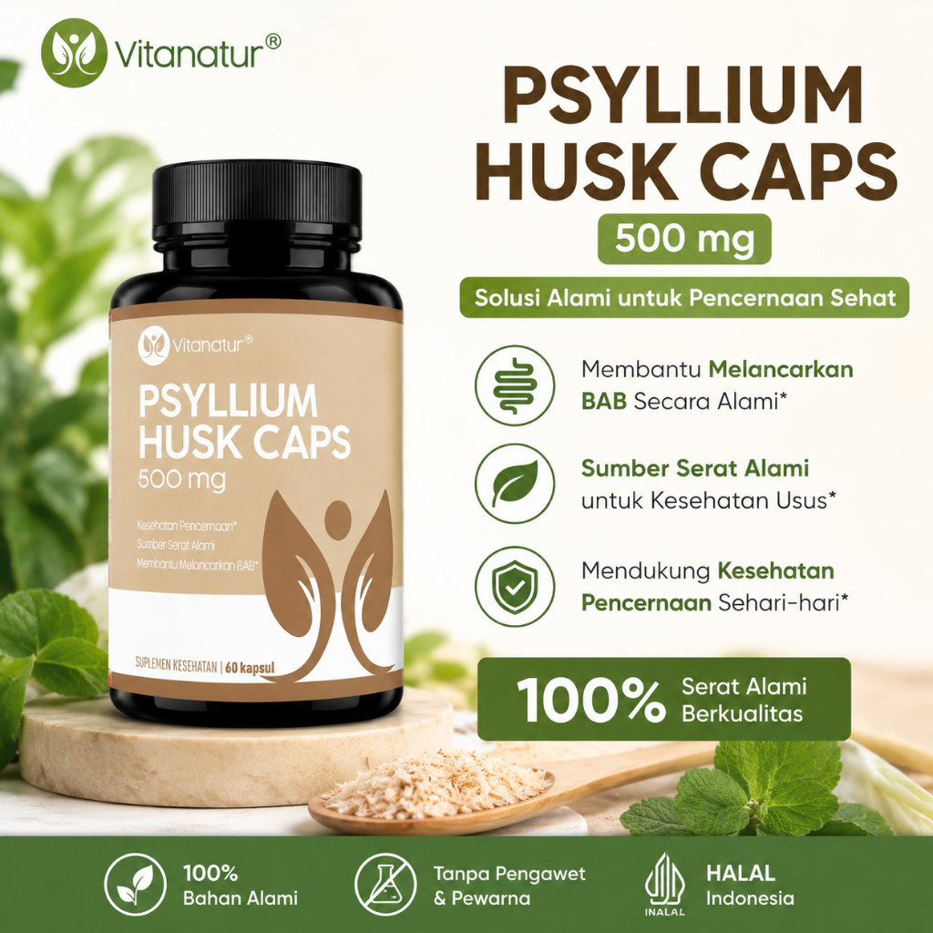 Vitanatur Psyllium Husk 500 mg Kapsul – Suplemen serat alami yang mendukung kesehatan pencernaan, me