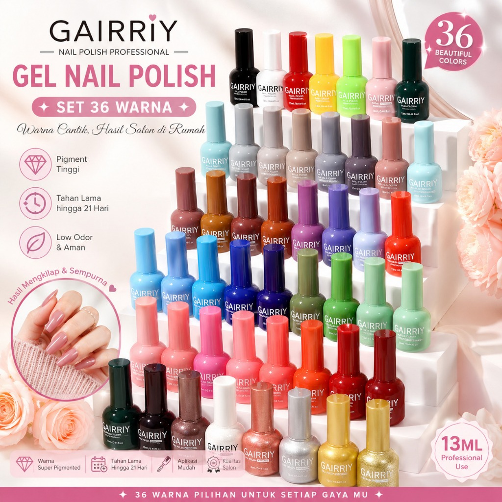Glowphoria - [BUNDLE] GAIRRIY Set Bundle 13ML Kutek Gel UV LED 36 Warna - Paket Hemat Nail Gel Polis