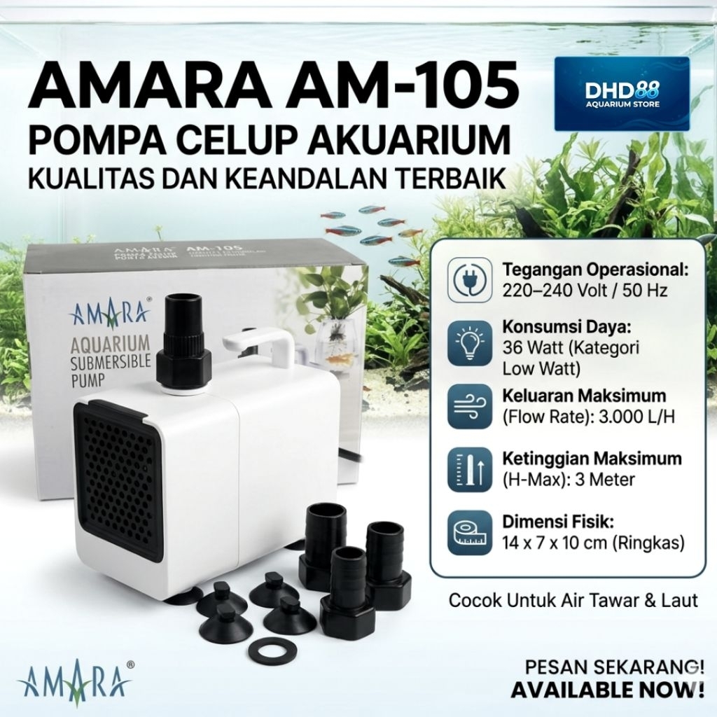 Amara AM-105 Pompa air Celup Aquarium Kualitas Terbaik 36W 3000L/H 3M Cocok untuk Air Tawar & Laut