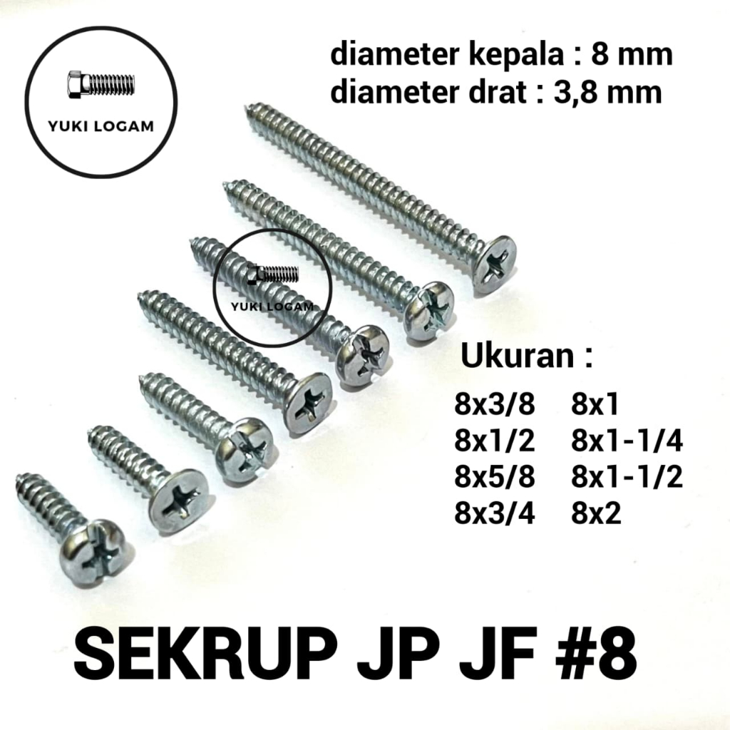 100 pcs sekrup JP JF 8 panjang (1cm - 5cm) Kepala Bulat Kepala Rata