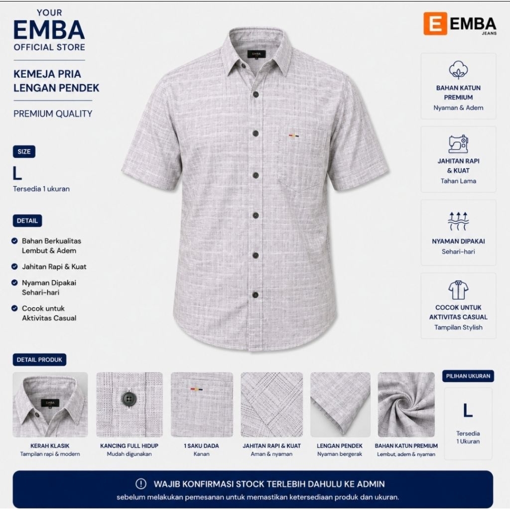 EMBA Kemeja Pria Size L Lengan Pendek Warna Nude