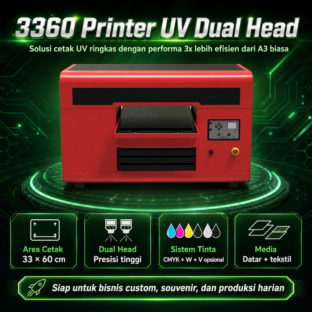 Mesin UV Printer 3360 Dual Head Terbaru 2026 – Cetak 33x60CM Auto Shutter + White Ink Stir Bisa Sabl