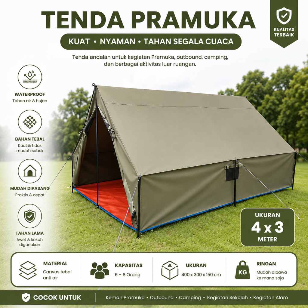 Tenda Pramuka 3x4 Meter - Bahan Polyester D300, Alas Terjahit, Tiang Besi Kokoh