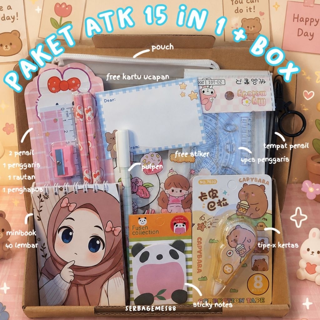 serbagemes88 - SET ALAT TULIS 15 IN 1 LENGKAP / STATIONERY UNTUK  PERLENGKAPAN ALAT TULIS SEKOLAH AN