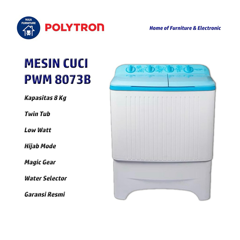 POLYTRON Mesin Cuci 2 Tabung 8 Kg PWM 8073 | Mesin Cuci Polytron 8 Kg | Mesin Cuci 2 Tabung