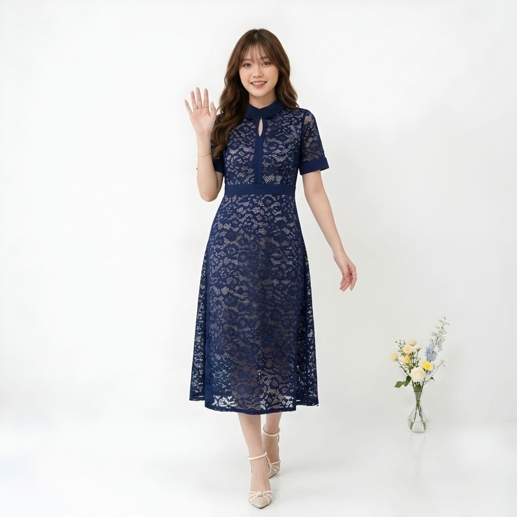 Dress Brokat Elegan Midi Lengan Pendek – Gaun Kebaya Pesta Wanita Jumbo Modern Cantik Mimi Rx