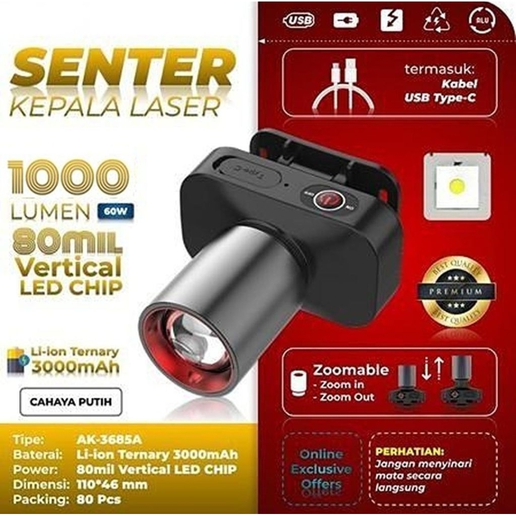 UPGRADE L42 Senter Kepala Original Zoom In Zoom Out Jarak Jauh Super Terang Cahaya Putih Dan Kuning 