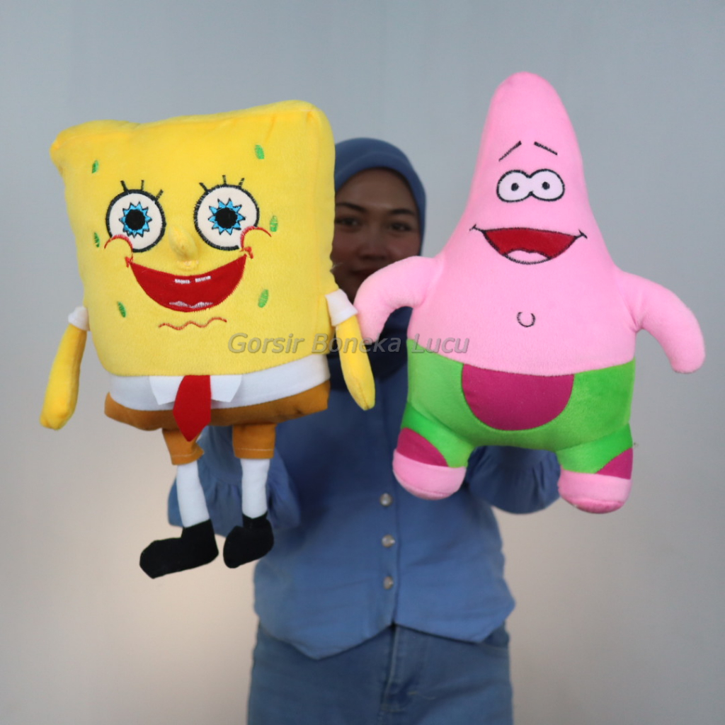 [SEPASANG SIZE L] Boneka Spongebob 40cm & Patrick Star 40cm Bahan Velboa Premium - Paket Sahabat Spo