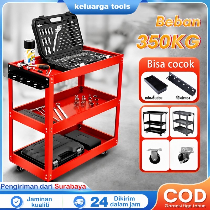 Reaim Troli Bengkel Rak 3 Susun Trolly Trolley bantalan 350kg Kotak Peralatan Rak Alat Perkakas Trol