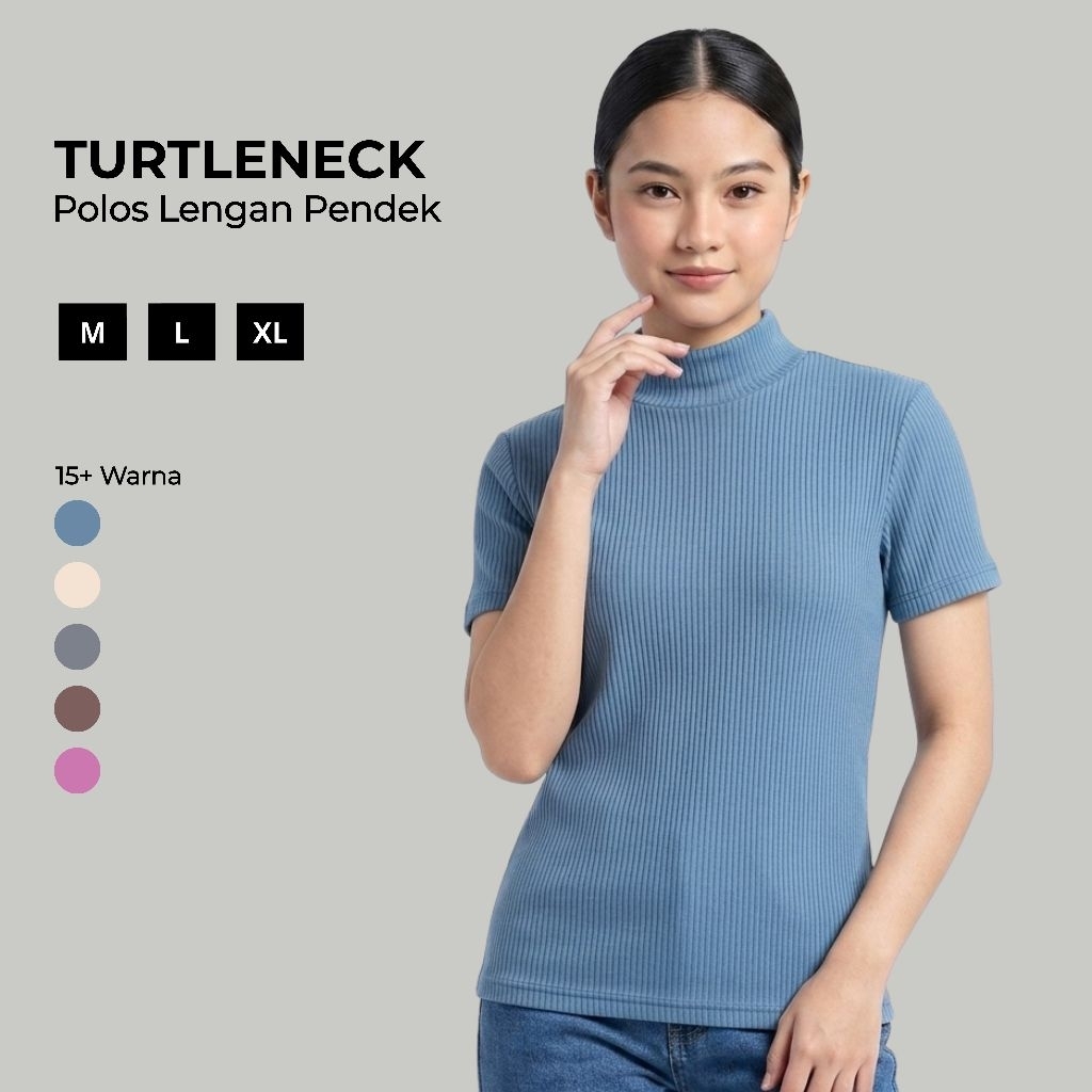 Turtleneck Polos Lengan Pendek Wanita Kaos Inner atau Outer Bahan Rib Lembut dan Elastis