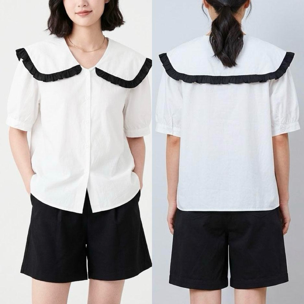 BLUS KATUN LINEN PUTIH KERAH OVERSIZED COLLAR LIS HITAM KOREA IMPORT