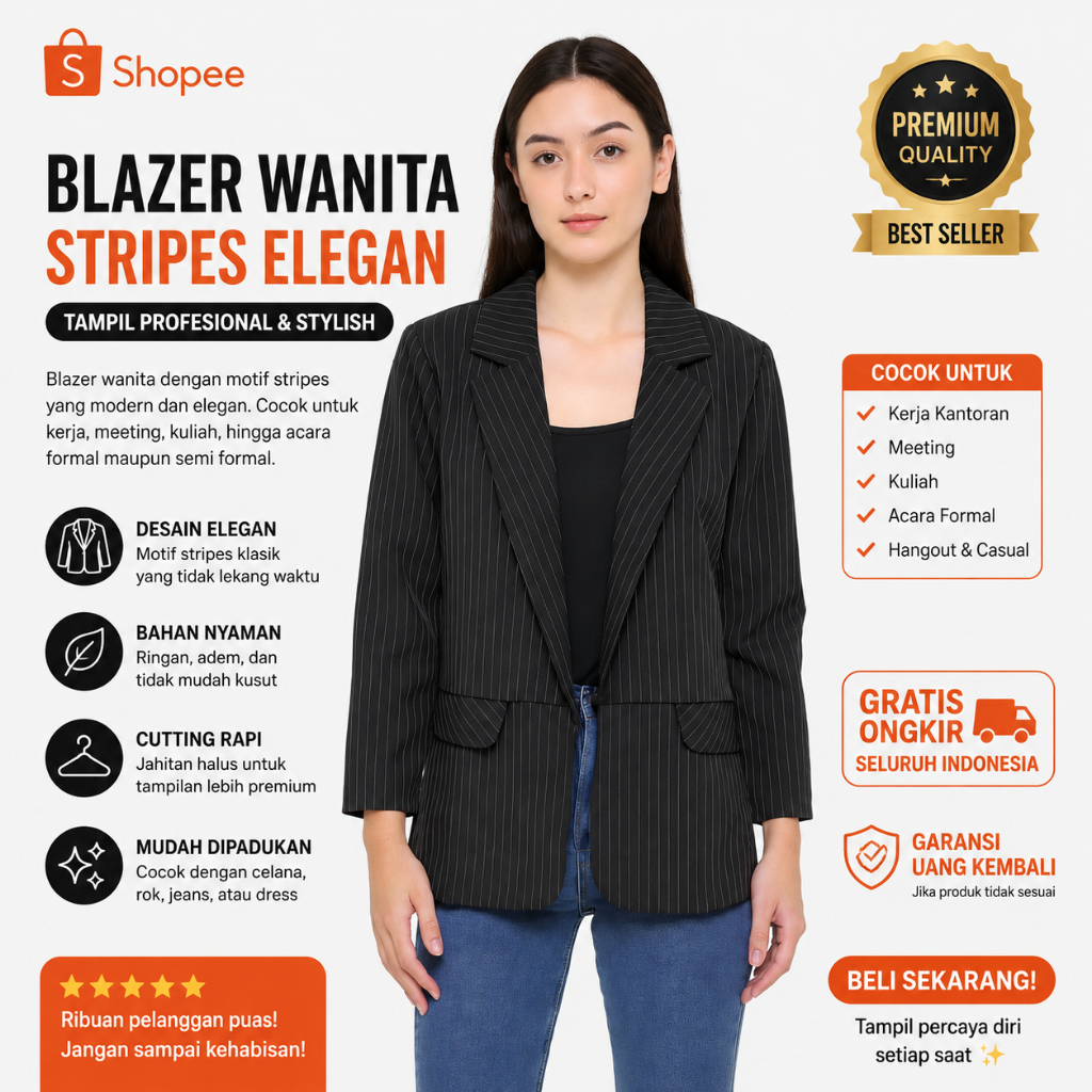 Chloebeautyshop - Blazer Wanita Motif Garis Hitam Putih Stripe - Outer Formal Salur Casual Elegan un