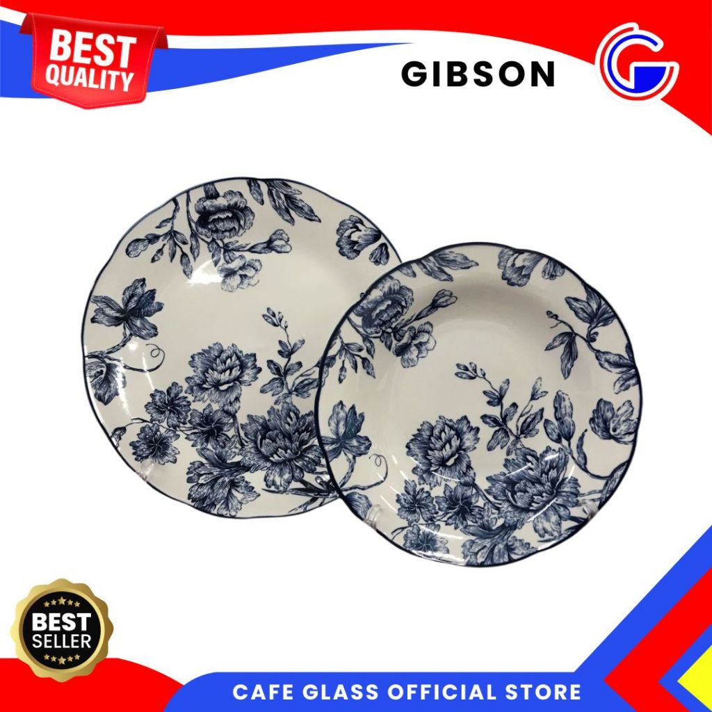 Dinner Set Keramik Gibson - Piring Keramik Aesthetic Motif Bunga Biru - Keramik Tableware Blue Flora