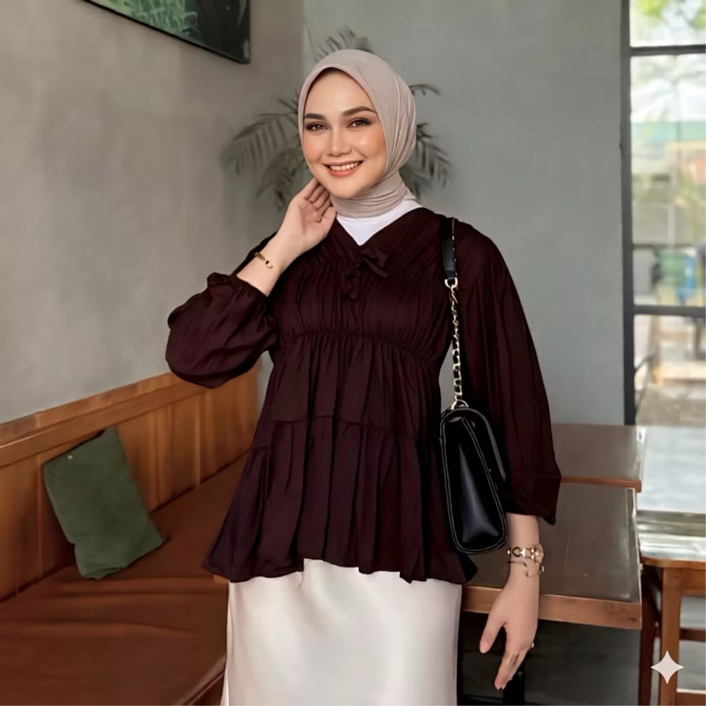 MAIRA Blousee kerut dada lengan Panjang bahan Rayon Atasan wanita BABY DOuLLl Terbaru Twilll