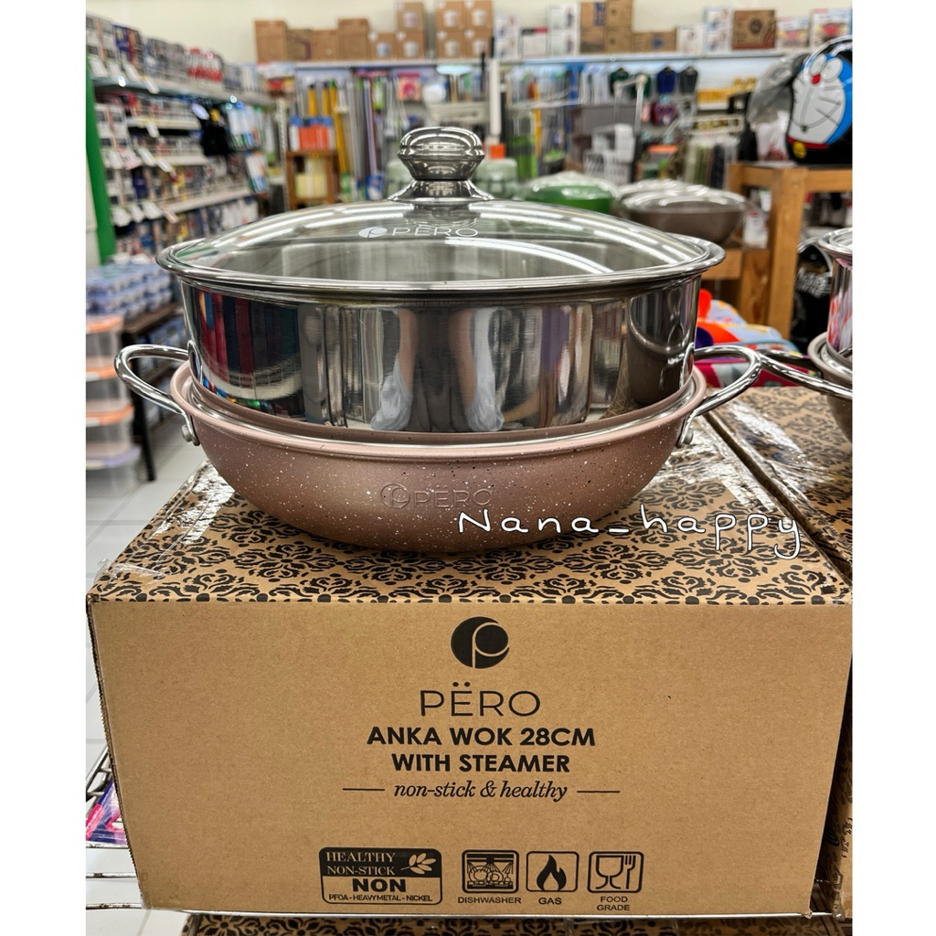 Pero Anka Wok 28cm with Steamer Rosegold dan Brownstone