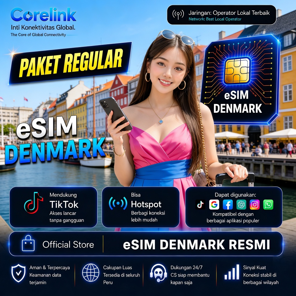 Corelink eSIM Denmark eSIM Paket Regular Travel Internet 10GB 15GB 20GB 30GB 4G Cepat Odense Skagen 