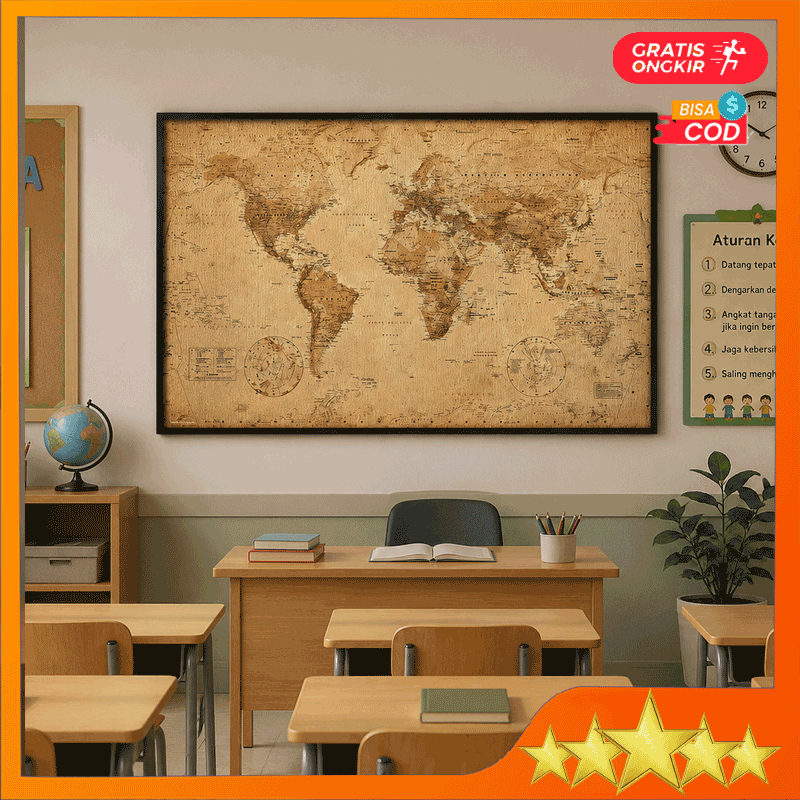 Poster Peta Dunia ukuran jumbo besar 103 x 69 cm | National Geographic Large Vintage World Map | Hia