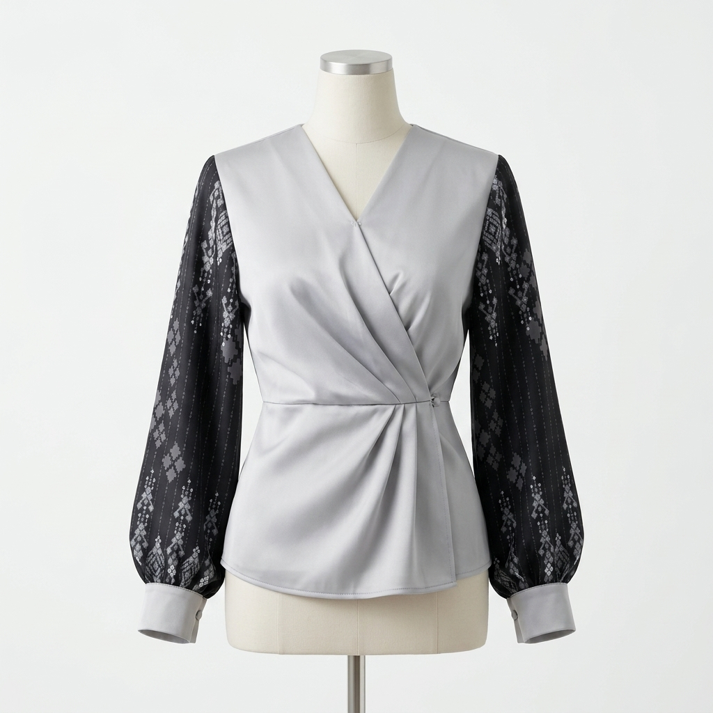 Anaphalis - Blouse Wanita Satin abu hitam Lengan Panjang Motif Elegan Modern blouse Atasan Kerja Kan