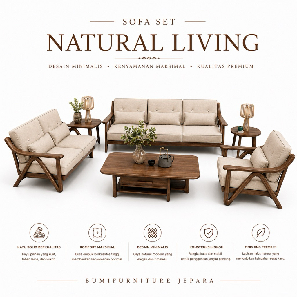 Set Sofa Kursi Tamu Minimalis Modern Kayu Jati + Meja – Sofa Ruang Tamu Scandinavian
