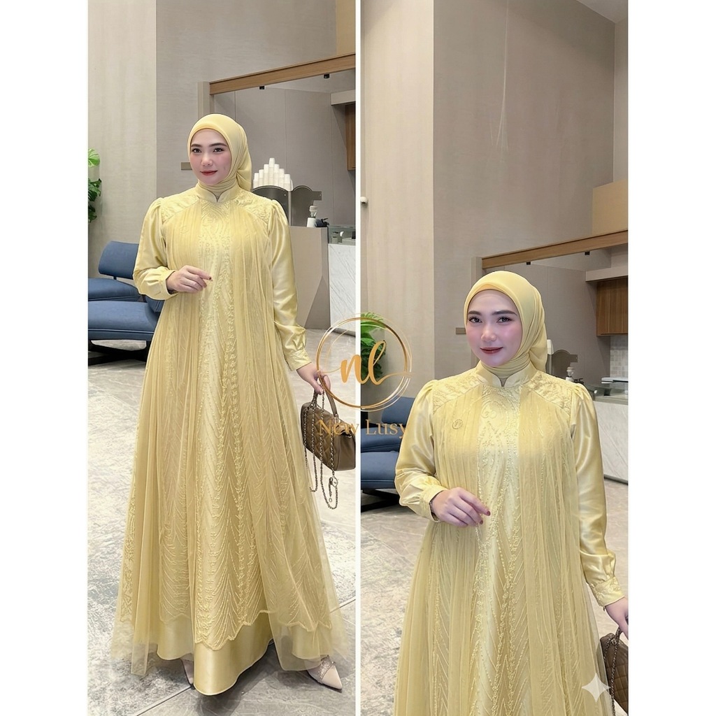 Big Sale Gamis Butter Yellow Outfit Aulia Dress Satin Velvet Roberto Premium Mix Brukat Spanggel