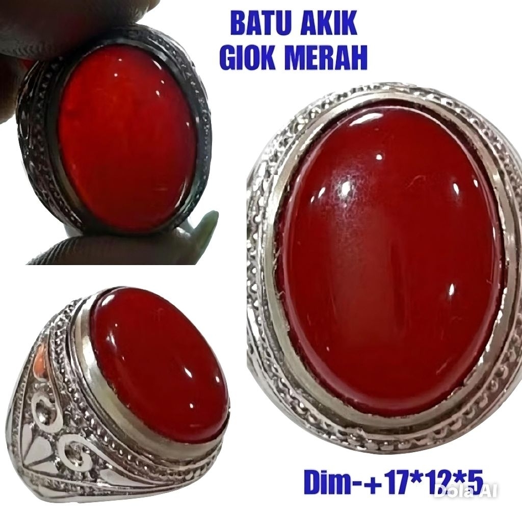 Batu Akik Giok Merah Asli - Cincin Permata Alam Ukuran 17x12x5 mm - Warna Merah Darah Menyala - Perh