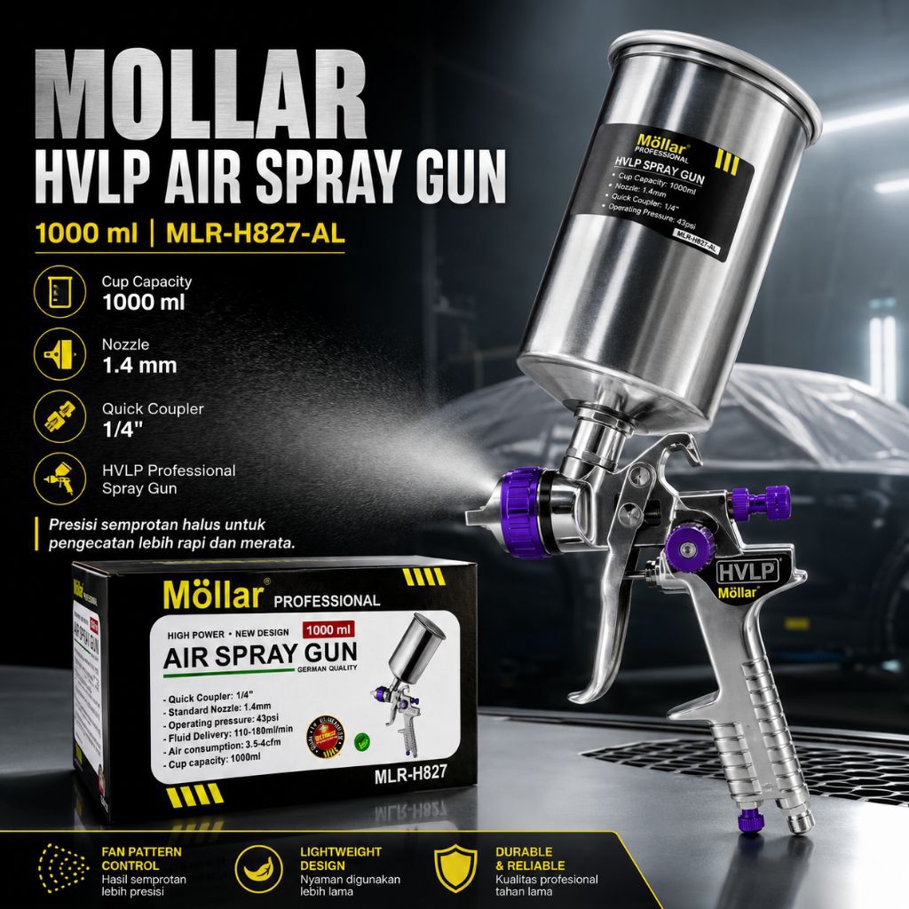 Spraygun HVLP Mollar H827 Spray Gun 1000cc Tabung Cup Aluminium