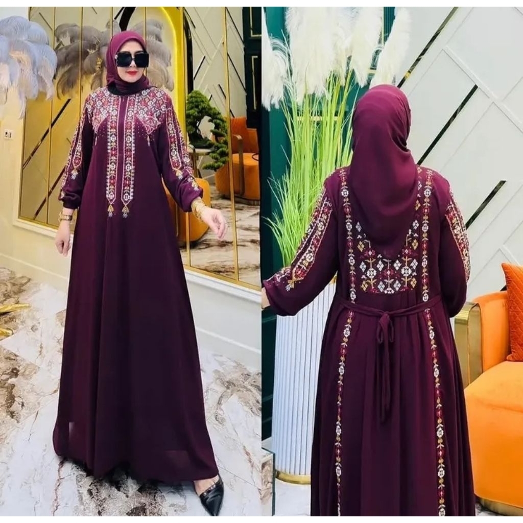 viral bordir timbul depan belakang seragam pesta & kajian ibu ibu / gamis merah maroon / gamis alia 