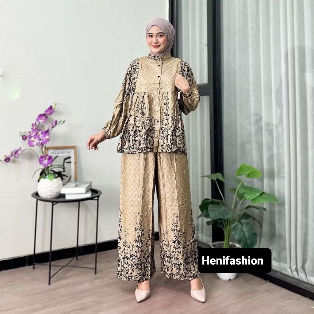 One Set Kinan Amenna Rayon Butik Premium Kancing Setelan Wanita Atasan Bawahan Celana Panjang Batik 