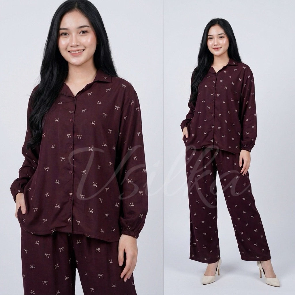 One Set Kemeja Panjang Rayon / Setcel Wanita Kekinian