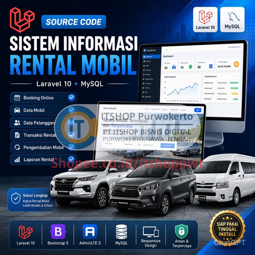 Source Code Aplikasi Web Sistem Informasi Rental Mobil menggunakan Laravel 10 MySQL