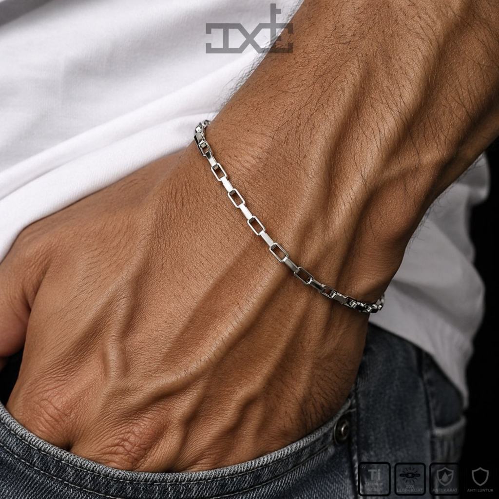 NEW Gelang Kotak Panjang Titanium Silver Pria Wanita Unisex Anti Karat Gelang Minimalis Fashion