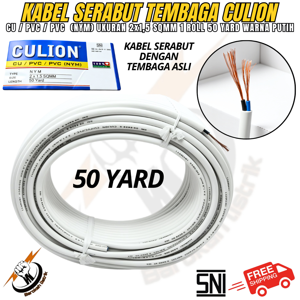 Kabel Listrik 2x1.5 Serabut Tembaga 1 ROLL 50 YARD PUTIH CU / PVC / PVC (NYM) 2x1.5 Kabel Fleksibel 