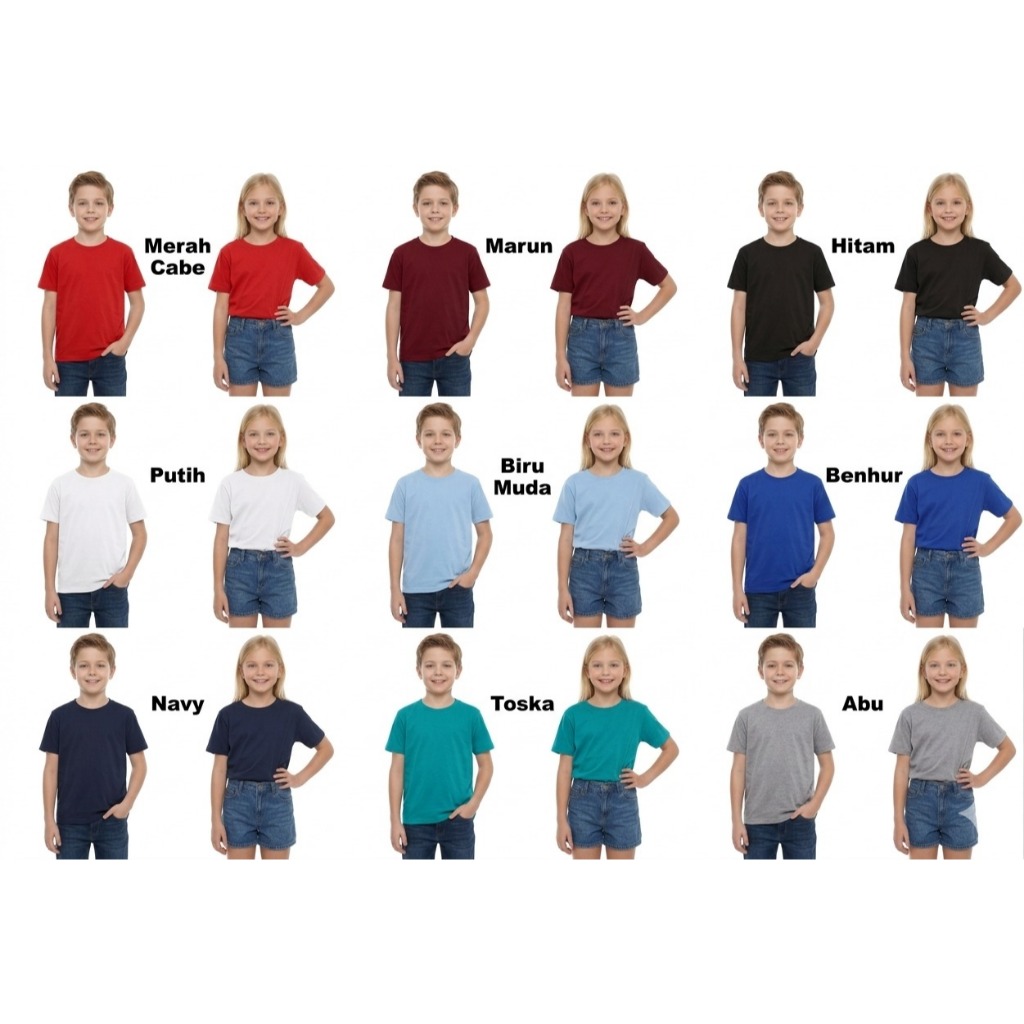 Kaos oblong polos pendek anak putih, hitam, merah, biru muda, benhur, tosca, abu tua / KAOS POLOS / 