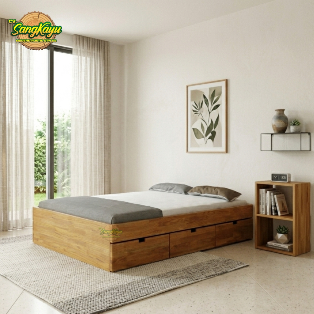 Divan Laci Ranjang Divan Kayu Minimalis Aesthetic Dipan Tempat Tidur Kayu Mahoni
