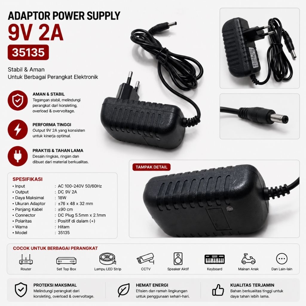 Adaptor 9V 2A Power supply AC to DC adapter 9volt 2amper 35135
