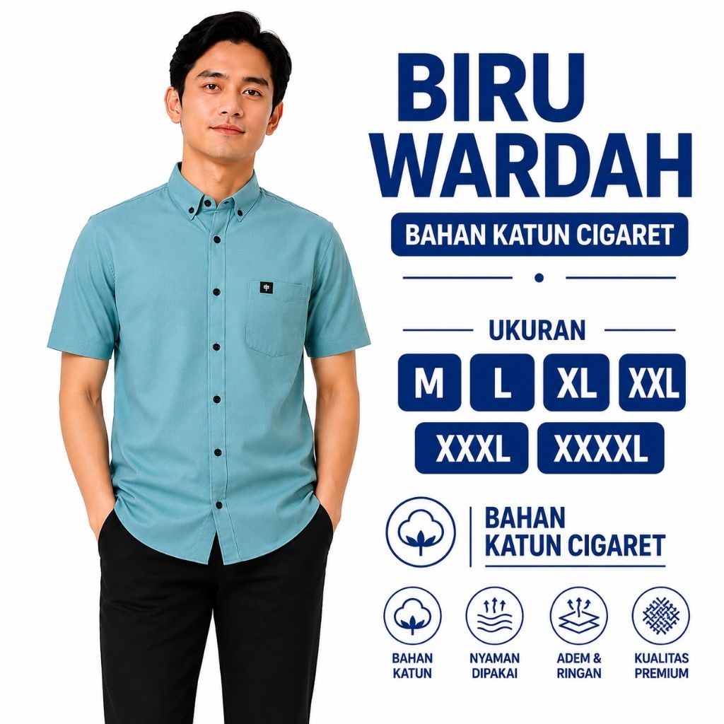 Biru Wardah Kemeja Polos Pria dewasa Lengan Pendek Bahan Katun Cigaret Kemeja Casual Formal WARDAH