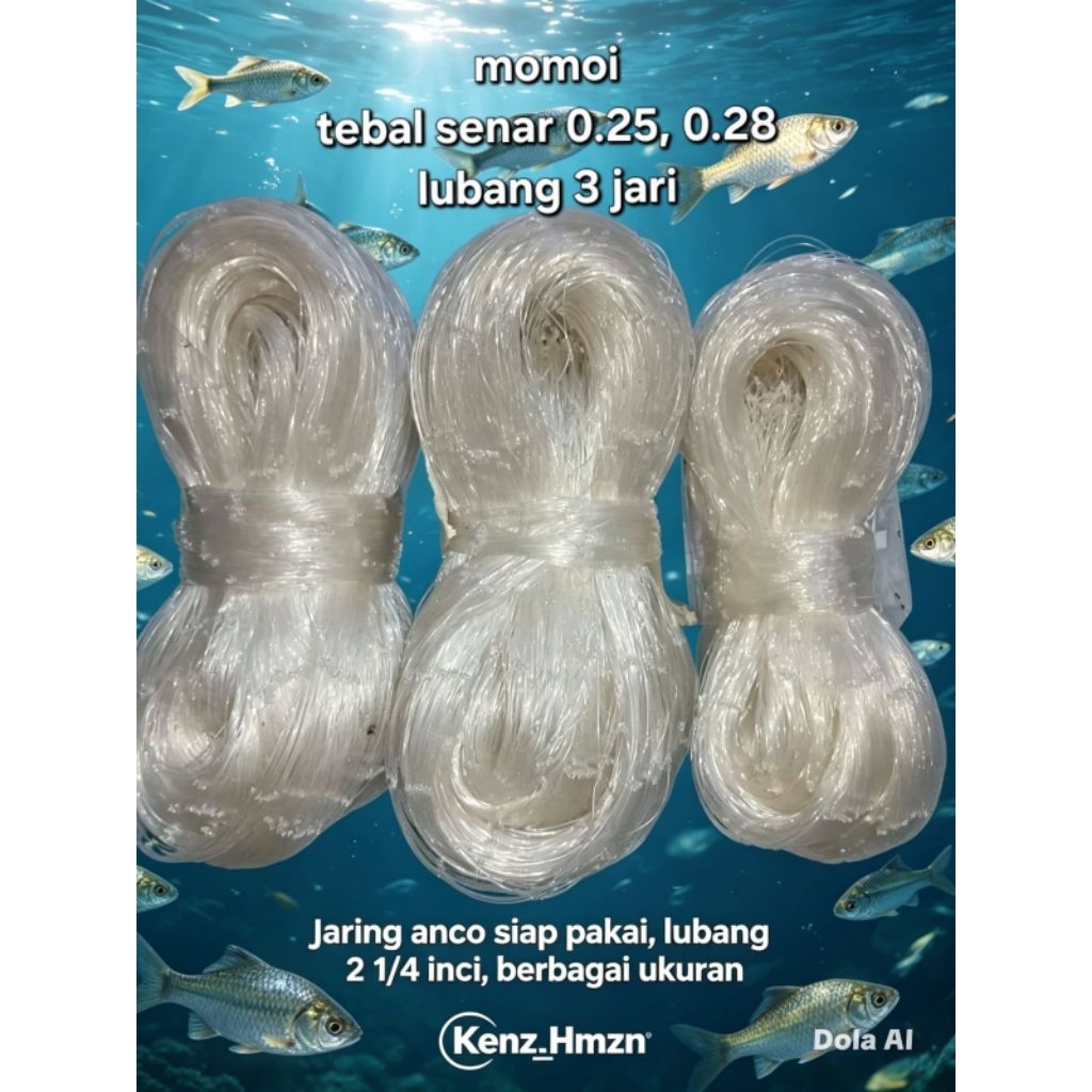 jaring anco ikan nila/jaring anco merk momoi/ branjang ikan / lubang 2 1/4inch (3jari pas) senar 0.2