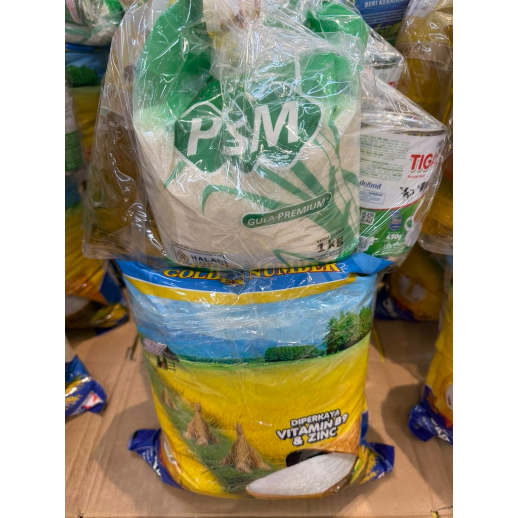 PAKET SEMBAKO BERAS BAGUS MURAH. PAKET SEMBAKO BERBAGI. BERAS GOLDEN NUMBER 111. GULA PASIR PSM. MIN