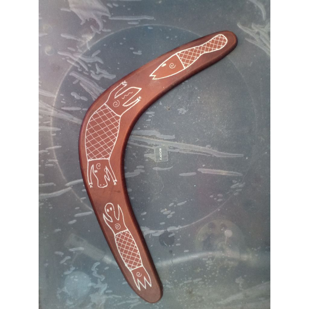 Boomerang Kayu Australia Asli Australian Made Motif Aborigin Vintage Souvenir Koleksi