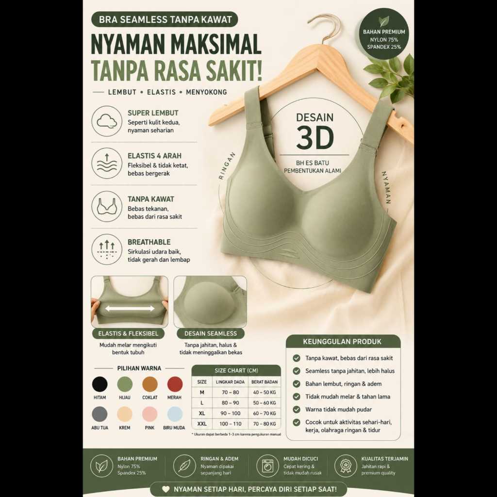 BRA Seamless Wanita Spandex Nylon Tanpa Kawat Mengangkat Payudara All Size BH-02