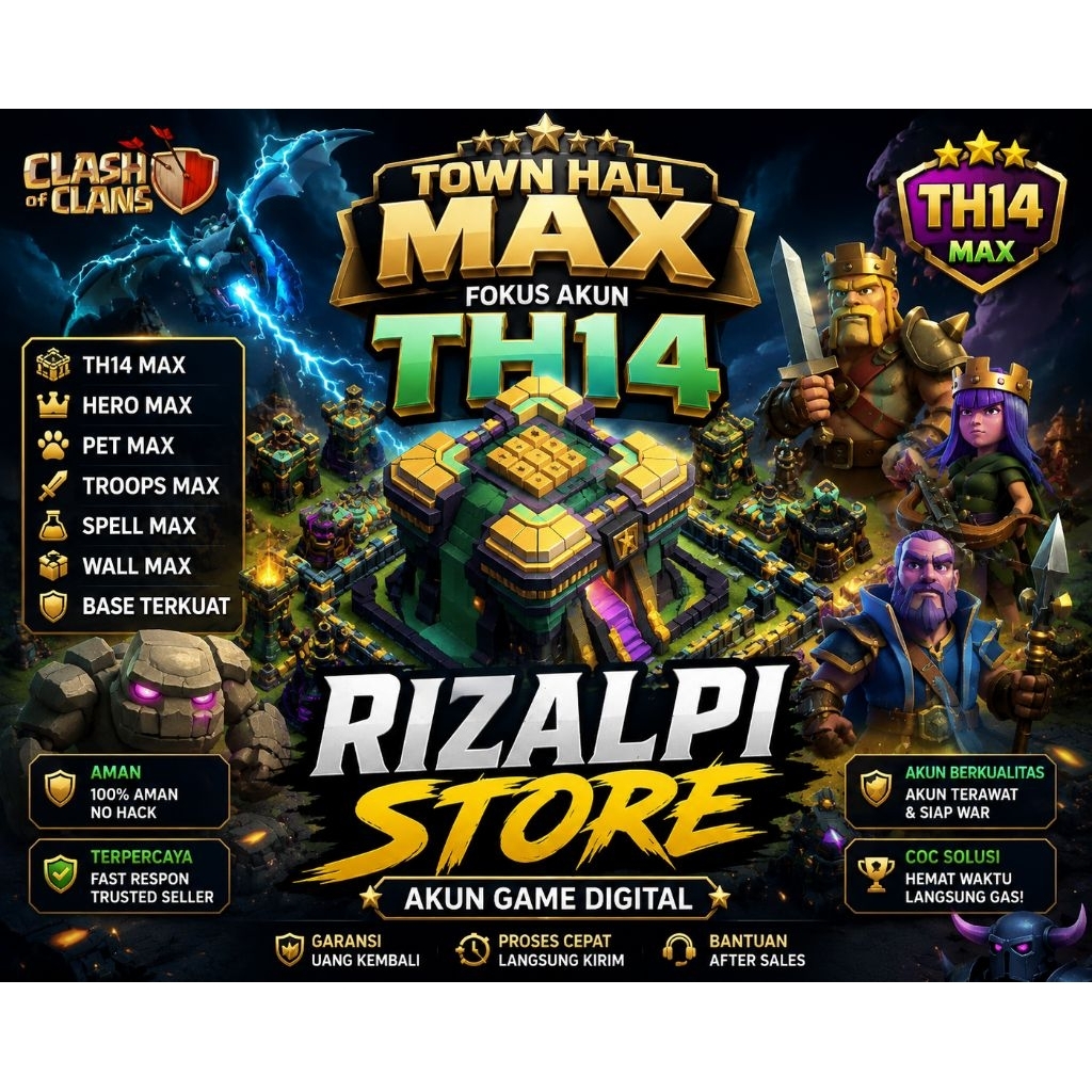 Jual Akun Game Clash of clans Town Hall 14 Deff Maxx Ber Skill Epic Keren