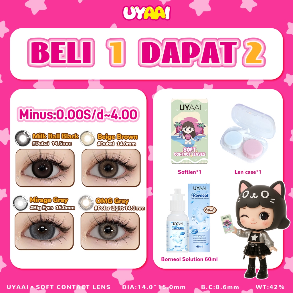 (Exclusive Ultra)BELI 1 DAPAT 3  Minus(0.00 s/d~6.00) UYAAI Lensa kontak 14.5mm Softle Natural Look 