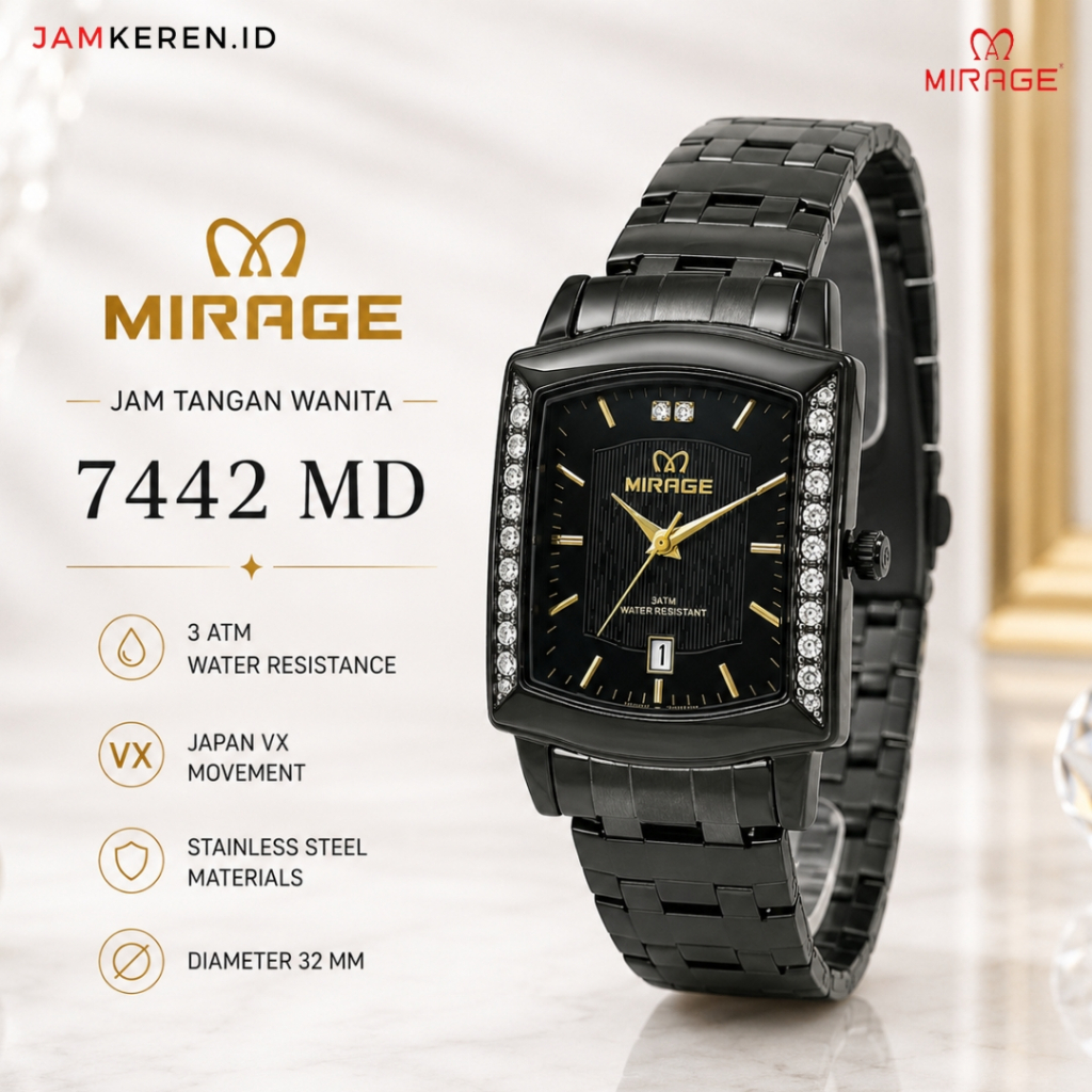 Mirage - Jam Wanita Elegan Mewah - Jam Tangan Mirage Wanita - 7442 MD Permata Original Garansi Resmi